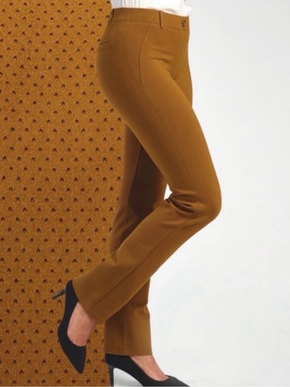Betabrand Yoga Dress Pants Mustard Gold Brown Dot Straight Leg M